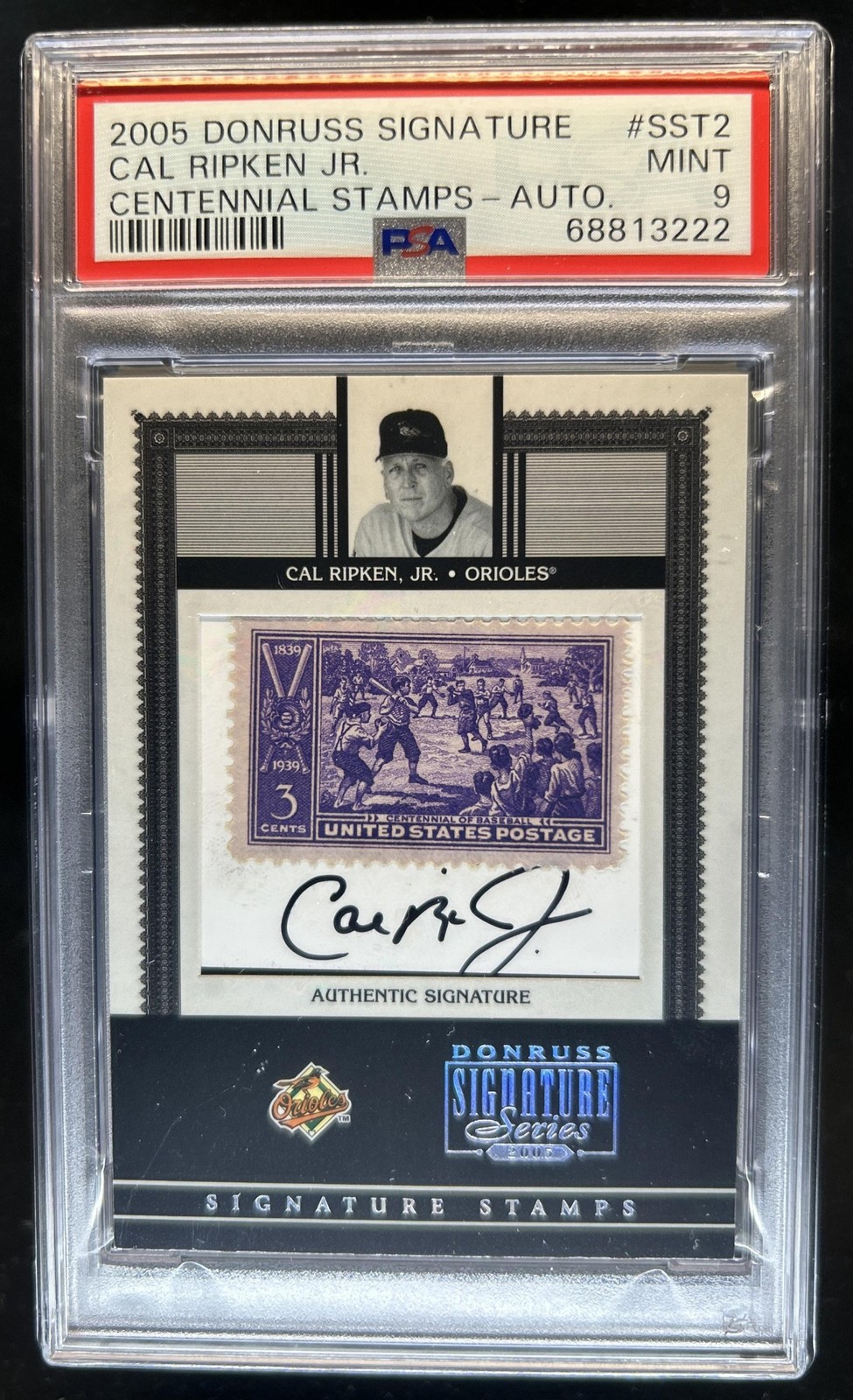 2005 Donruss Signature Cal Ripken Jr. Stamps Material Pro Ball Auto #/50 PSA 9 view 1