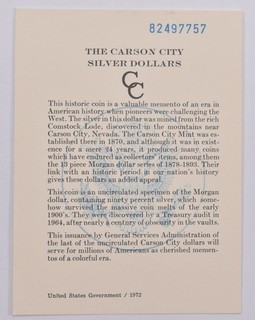 1882 GSA COA Certificate Original Card for CC Morgan Silver Dollar (1card) 6666