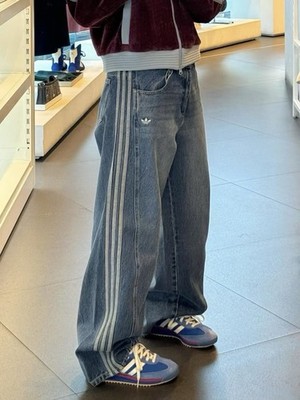 Adidas Originals Denim Jeans Hose 3 Streifen Baggy Wide Leg Y2K Streetwear