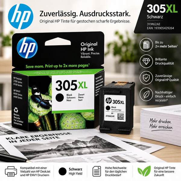 HP 305XL Schwarz Original Druckerpatrone (3YM62AE)-image