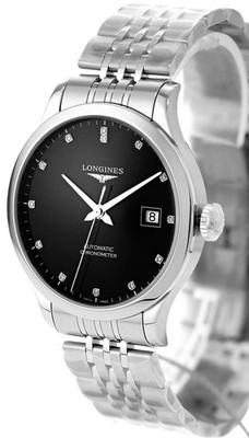 Longines Record Automatic COSC Steel Black Dial Diamond Mens Watch L2.820.4.57.6