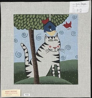 HP Needlepoint 13ct KULIE DESIGNS FolkArt Black White Cat & Birds in Garden PK64
