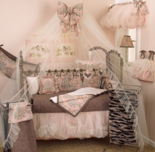 Nightingale Pink Floral Crib Bedding Set Hamper Mobile Valance Sheet Toy Bag - Afbeelding 1 van 16