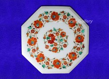 12" Marble Corner Table top handmade Carnelian inlay semi precious stones Work