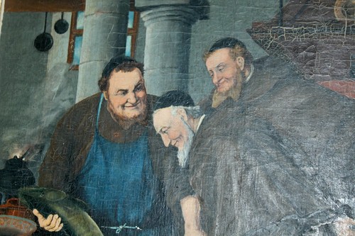 Pintura al óleo ANTIGUA EDUARD VON GRUTZNER? Monjes en la cocina - Imagen 3 de 6