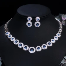 Trendy Royal Blue CZ Round Choker Necklace Earring Set for Women Costume Jewelry