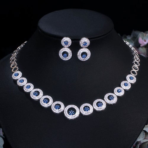 Royal Blue CZ Stone Round Choker Necklace Earrings Set for Women Dress Jewelry