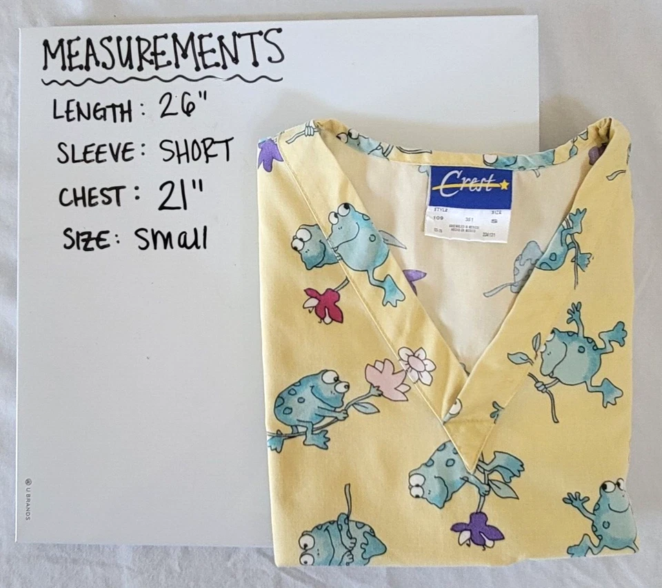 Blusa Médica Crest Mujer Talla Pequeña Amarillo Pálido Cuello en V Azul Ranas Flores de Primavera Foto 3 de 4