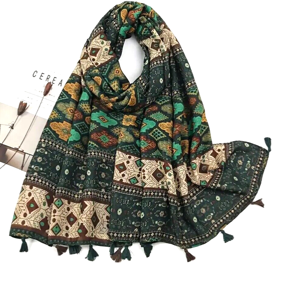 Elegant Geometric Pattern Thin Breathable 100% Viscose Scarf with Tassels for Women-image