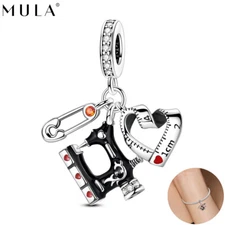 MULA 925 Sterling Silver Sewing Machine Ruler CZ DIY Charm For Women Bracelet