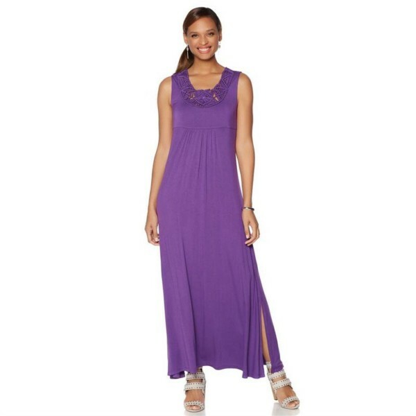 Liz Lange Purple Stretch Knit Macrame Neck Maxi Dress L New Sale | eBay
