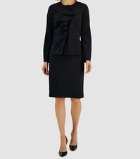 Le Suit Women's Black Ruffled Stretch Crepe Jacket Skirt Suit Size 14P