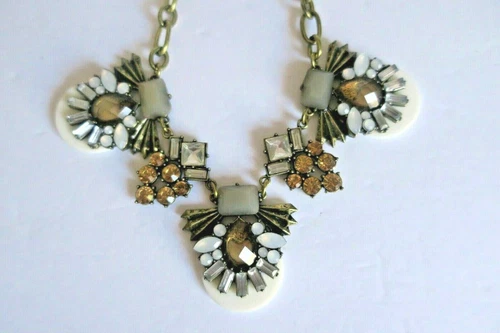 Necklace Costume Jewelry Vintage Look 1928 Look Brass Chain Gold Gray White 22''