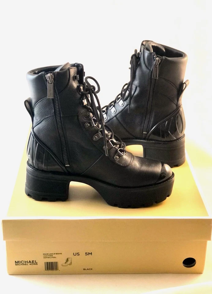 Michael Kors Khloe Boot Women Black Real Leather Combat Lace Up Zip 5 Worn Once - Image 4 of 4