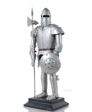 Medieval Knight Suit Of Plate Armor Statue w/ Halberd Metal Model 17" Home Decor