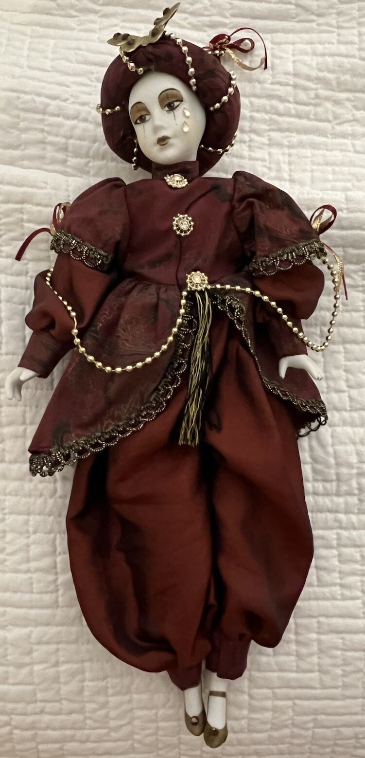 Porcelain Harlequin Clown Doll with Red Outfit Collectible Decoration