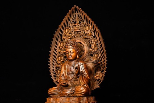 12" Collect Chinese Box-wood Carving Buddhism Kwan-yin Sit Lotus Flower Statue - Picture 4 of 8