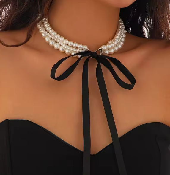 Elegant Multilayer Pearl Chain Necklace Black Velvet Bow Choker Bridal Jewelry