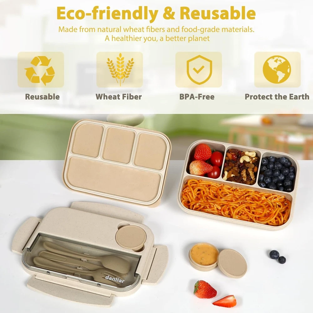 Bento Lunch Box for Kids, Wheat Straw 5.5 Cups Leakproof Adult Bento Box with 2