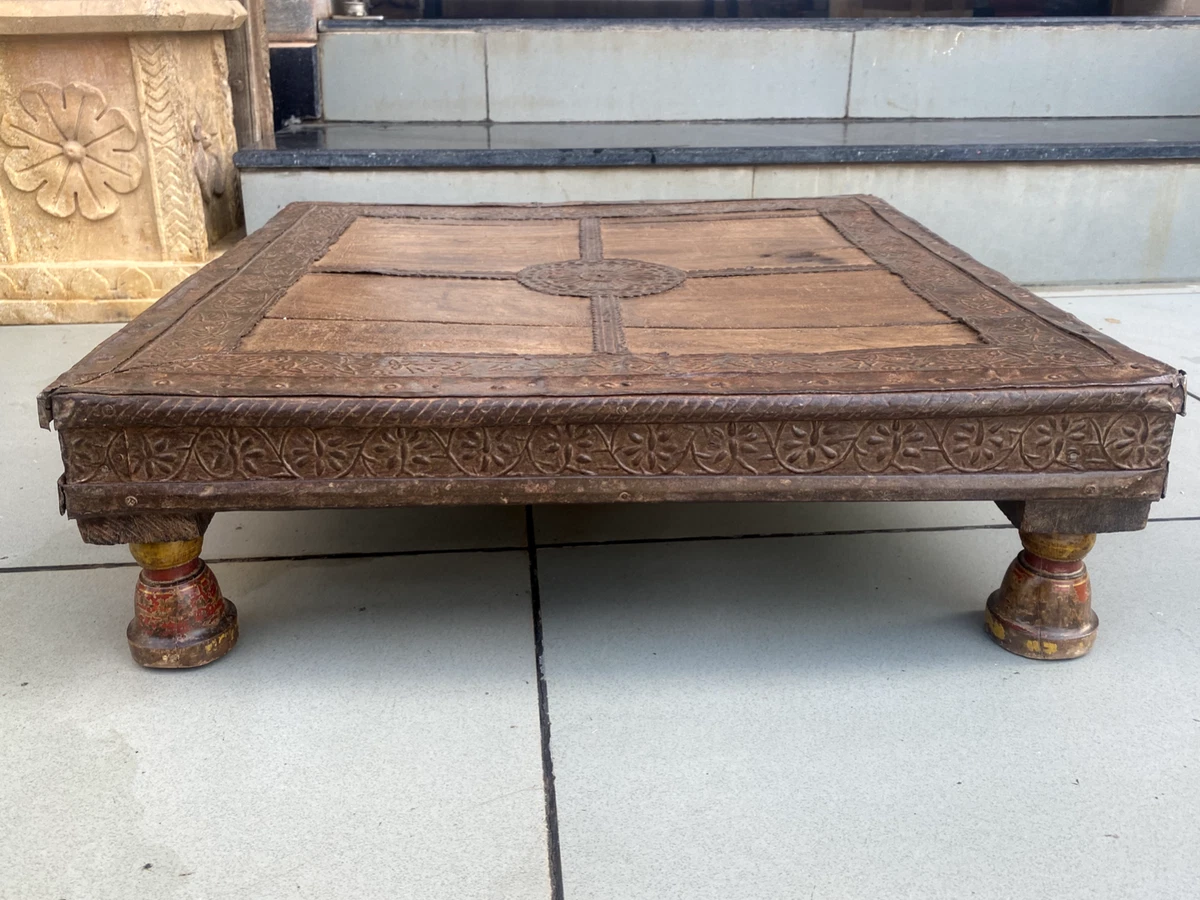 1700 s Ancient Old Wood North Indian Iron Floral Bajot Coffee Table Low Table