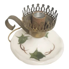 Vintage Milk Glass Table Lamp Base Hand Painted 4.75 "T Ivy Brass Handle  Read