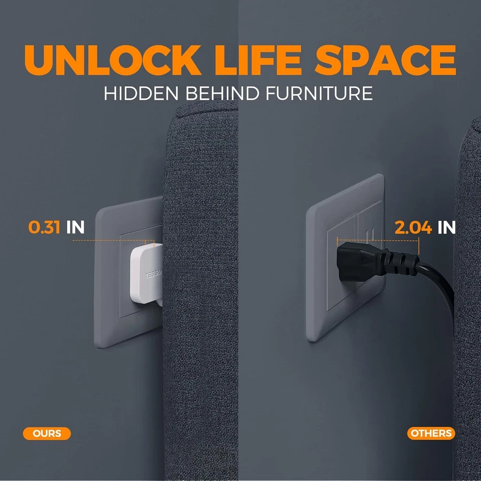 Tira de alimentación de enchufe plano ultra delgada con toma múltiple 3 puertos USB 5 PIES cable de extensión Foto 4 de 4