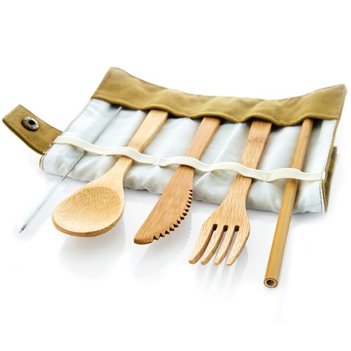 Campingbesteck Set in brauner Tasche 5-teilig essbesteck Bambus für 1 Person - Afbeelding 3 van 5