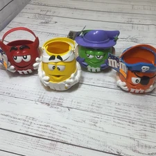 Set 4 1999 M&M Trick Or Treat Bucket Orange Red Green & Yellow Pirate Halloween