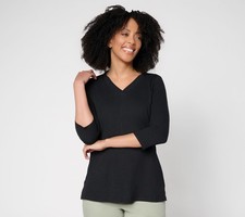Belle by Kim Gravel Women's Top Plus Sz 2X TripleLuxe Linen V-Neck Black A683207