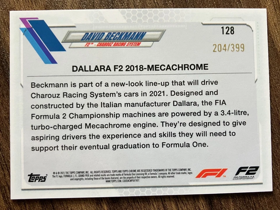 /399 PURPLE REFRACTOR David Beckmann #128 2021 Topps Chrome Formula 1 F1 F2 Card - Image 2 of 2