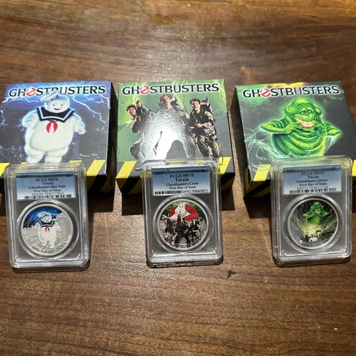 2017 Tuvalu Ghostbusters PCGS MS70 Silver Set 3 Slimer Crew Stay Puft First Day