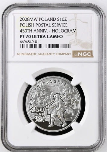 Poland 10 Zlotych, 2008 NGC PF70 UC Silver Anniversary of Polish Postal Services