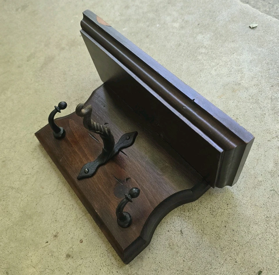 Vintage Wooden Wall Coat Hat Rack Shelf Cast Iron Hooks Foyer Hall Dark Wood - Image 2 of 4