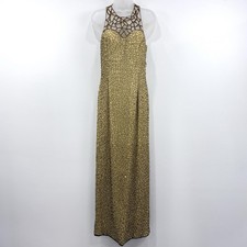 VTG Scala 100 Silk Beaded Dress L Gold Gala Hollywood Event Maxi Glam Gatsby