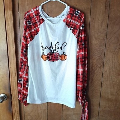 Womens XL Thankful Pumpkin Fall Plaid Raglan Long Sleeve Crew Neck Top