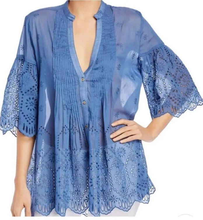 Johnny Was Jade Huma Pintuck-Pleat Top M Embroidered Eyelet &Scallop,Cotton/Silk