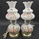 Vintage Hurricane Milk Glass Hand Painted Floral Lamp Set 14"