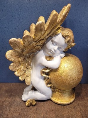 Goldener Engel Schlafende Putte Skulptur Elegante Cherub Figur Vintage H: 33cm