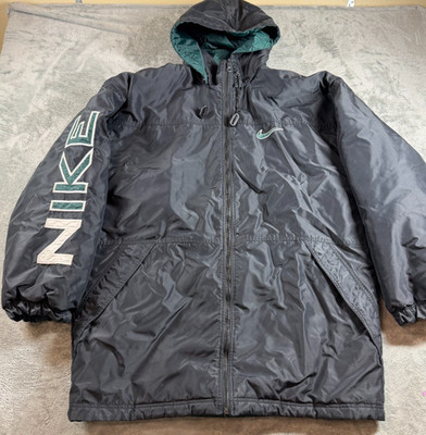 Vintage Nike Y2K Reversible Hooded Puffer Jacket Men s L Spellout Swoosh