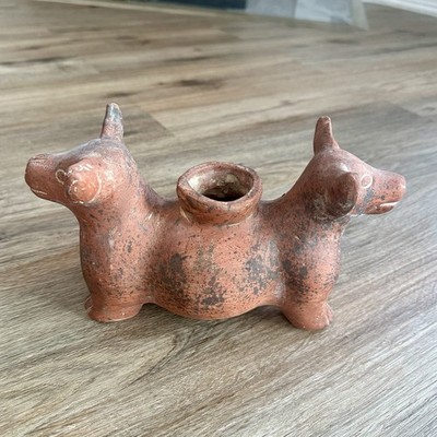 Vintage Pre-Columbian Colima Style Two Headed Dog Vessel Pottery Red Clay