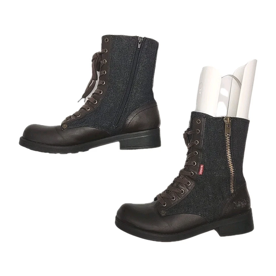 Botas Levi's femininas tamanho 11 jeans estilo combate sintético com cadarço zíper lateral sapato - Imagem 4 de 4