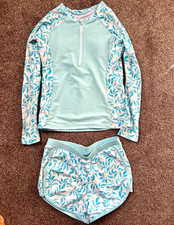 Girls 2-Piece Swim Set 11-12Y Light Blue/White Floral Rash Guard 1/4 Zip