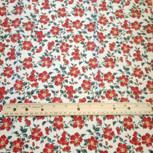 Cotton Fabric Red Flowers Green Leaves Gold Glitter Accents 18x42" Hoffman - Picture 2 of 13