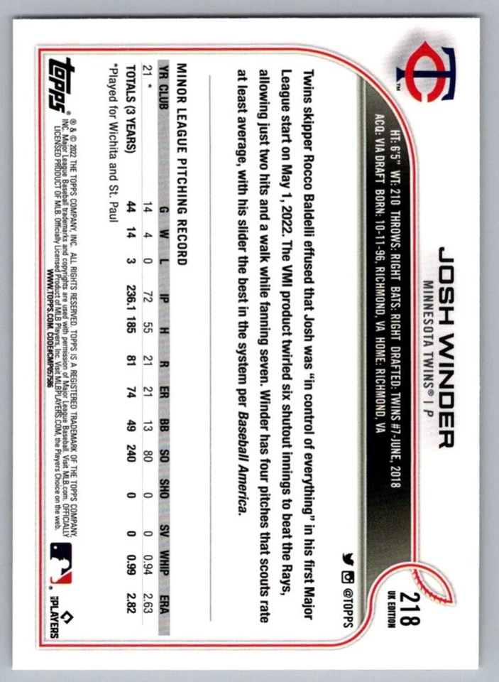 2022 Topps UK Edition Josh Winder Rookie Minnesota Twins #218 - Image 2 of 2