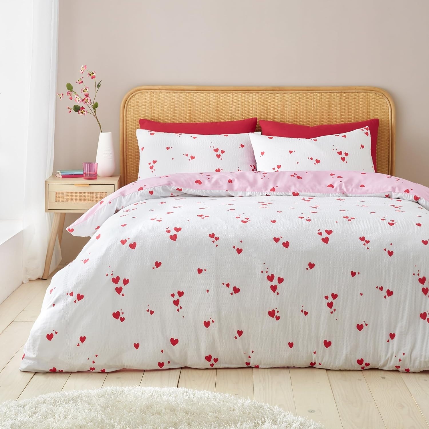 Catherine Lansfield Heart Duvet Cover King Quilt Bedding Linen Set Pink White