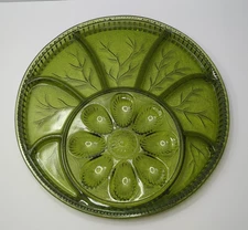Vintage Indiana Glass Deviled Egg Relish Green Serving Platter 12 3/4 inch Diam