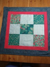 Christmas Sparkle Quilted Cotton Table Topper 17X16, Holly Berries, Gold Green