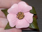 EB Hand Painted Leather Pink Flower Leaves Canada Brooch Costume Jewelry