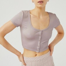 Aritzia Sunday Best Holly Ribbed Button Front Crop Top Frosted Lavender EUC S