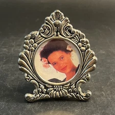 Vtg Pewter Art Deco Rose Flower Floral Photo Picture Frame Mini Metal Round 4"